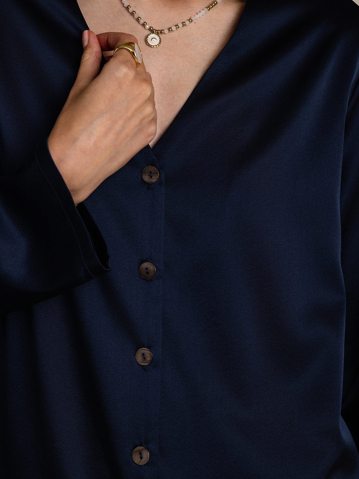 [Dark Blue] SilkSilky  19Momme Silk V Neck Women's Shirt 007