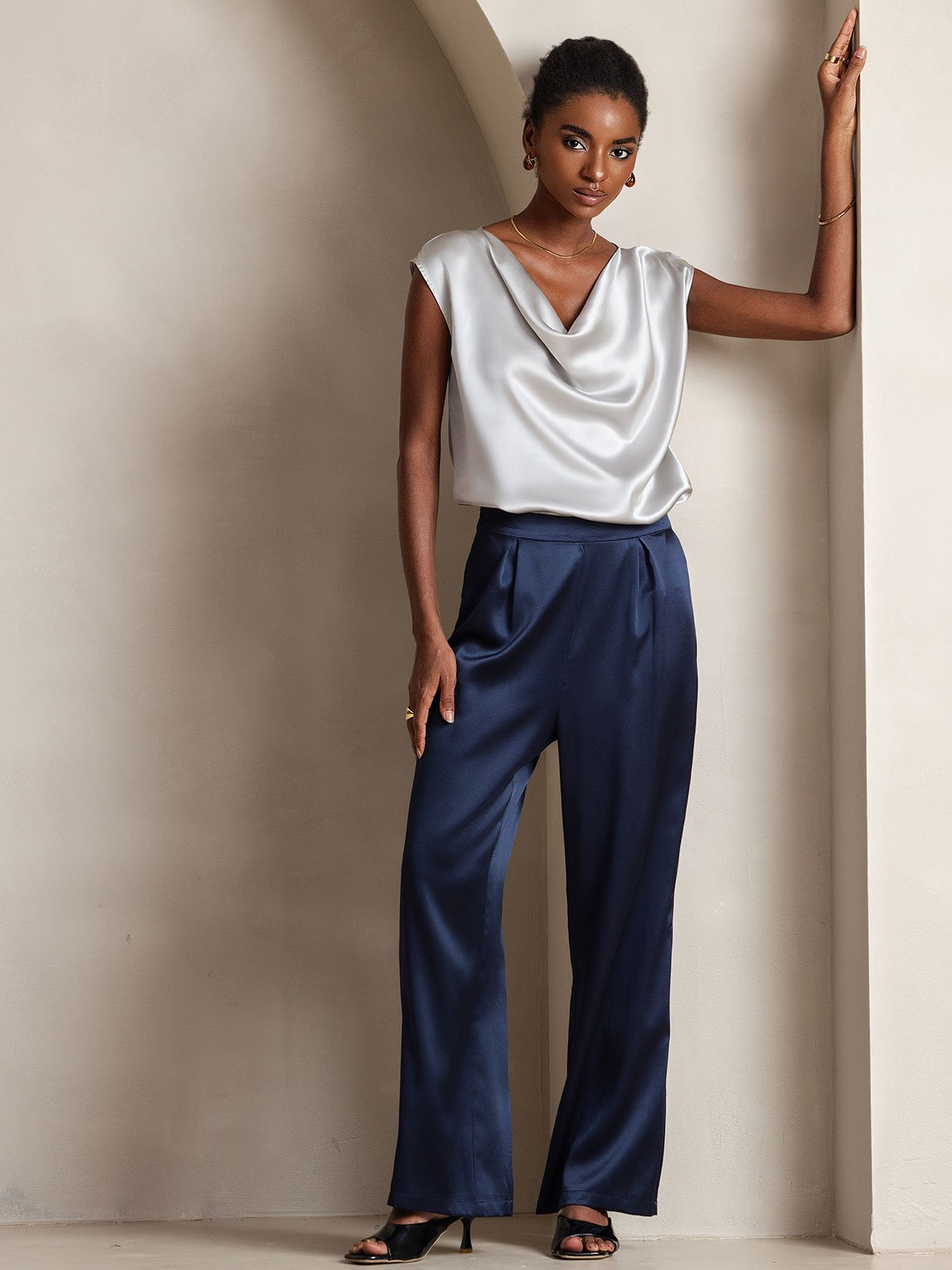 SilkSilky 19Momme Silk High Waist Wide Leg Pleated Women's Pants, Dark Blue / L(10/12)