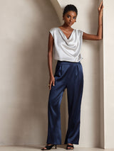 [Dark Blue] SilkSilky  19Momme Stretch Silk Charmeuse Women's Pants 001