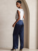[Dark Blue] SilkSilky  19Momme Stretch Silk Charmeuse Women's Pants 002