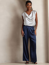 [Dark Blue] SilkSilky  19Momme Stretch Silk Charmeuse Women's Pants 004