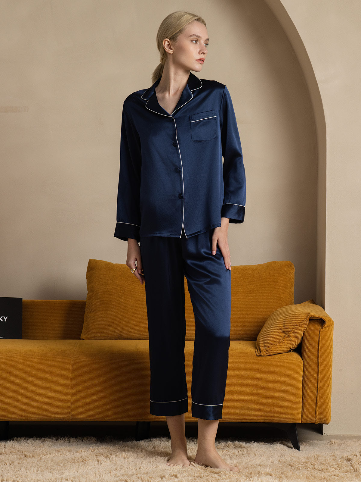 [Dark Blue] SilkSilky 22Momme Pure Silk Long Sleeve Lapel Women's Pajamas 001