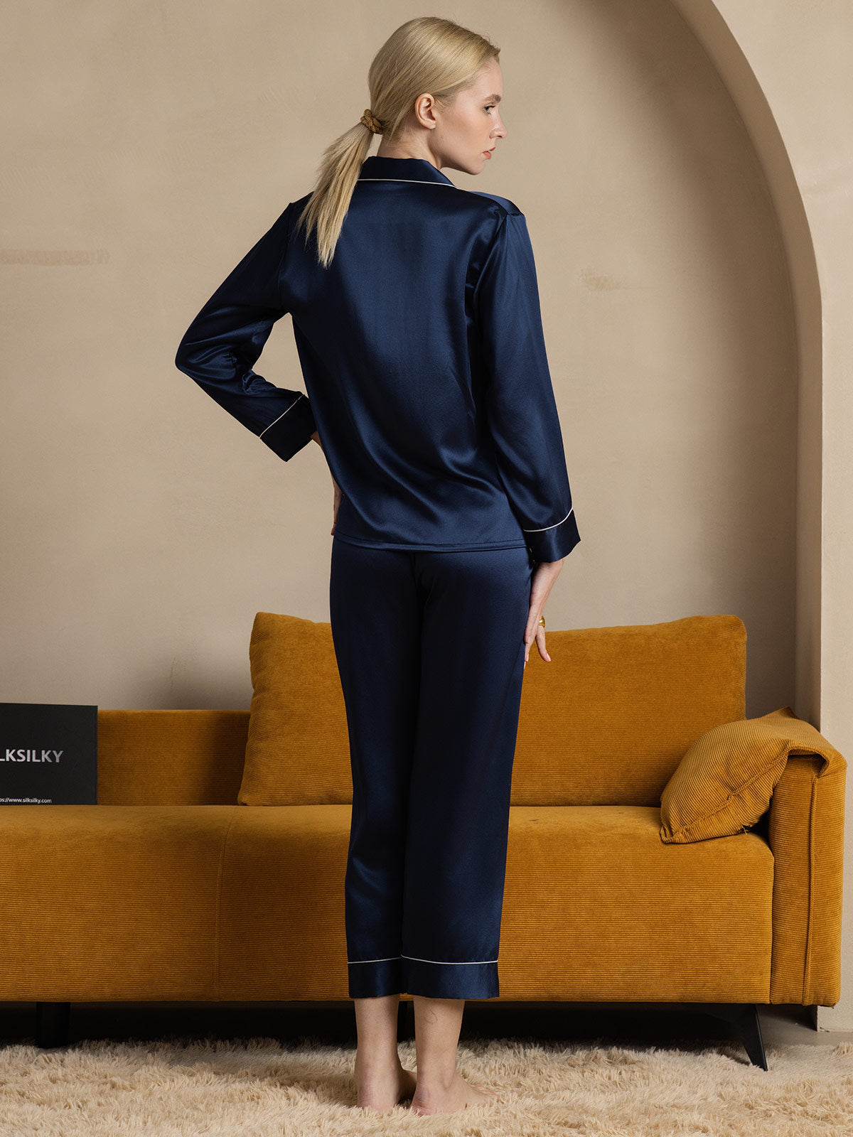 [Dark Blue] SilkSilky 22Momme Pure Silk Long Sleeve Lapel Women's Pajamas 002