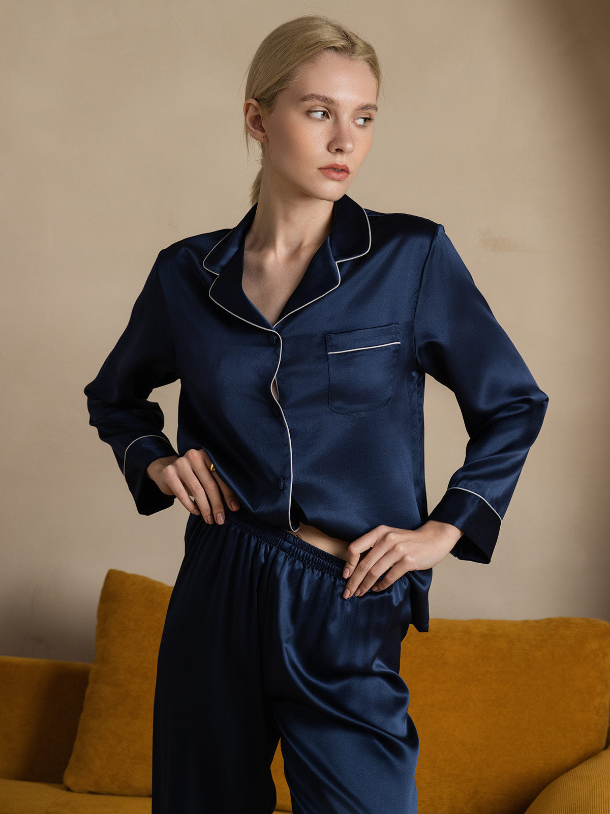 [Dark Blue] SilkSilky 22Momme Pure Silk Long Sleeve Lapel Women's Pajamas 006