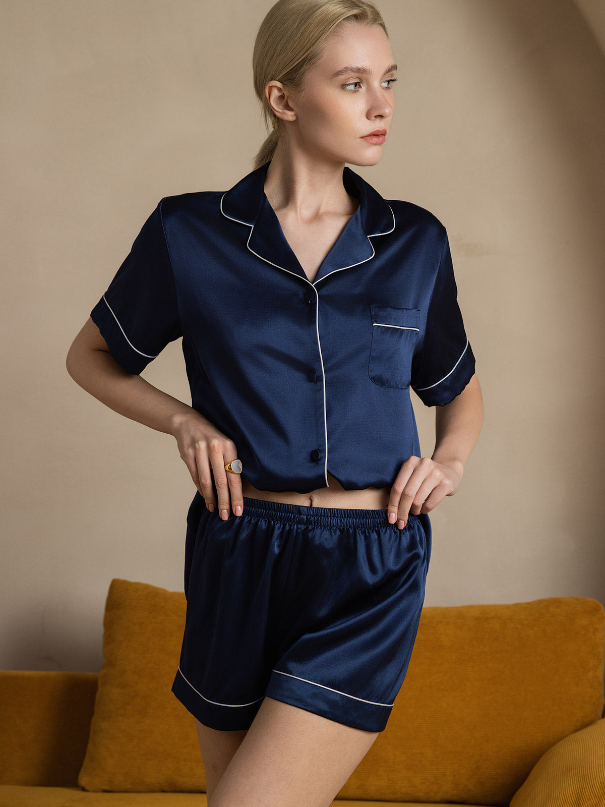 [Dark Blue] SilkSilky 22Momme Pure Silk Short Sleeve Lapel Women's Pajamas 003