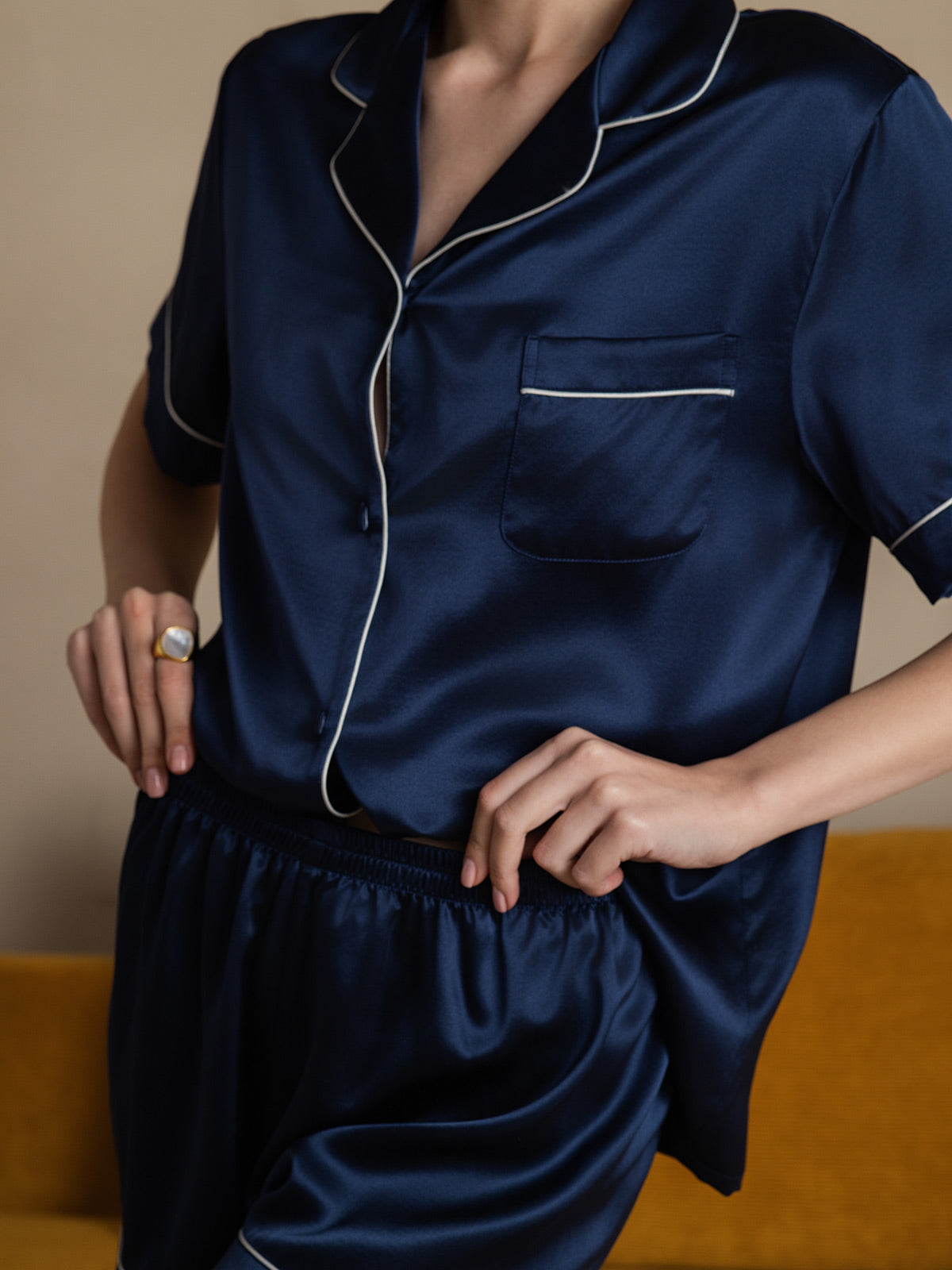 [Dark Blue] SilkSilky 22Momme Pure Silk Short Sleeve Lapel Women's Pajamas 005
