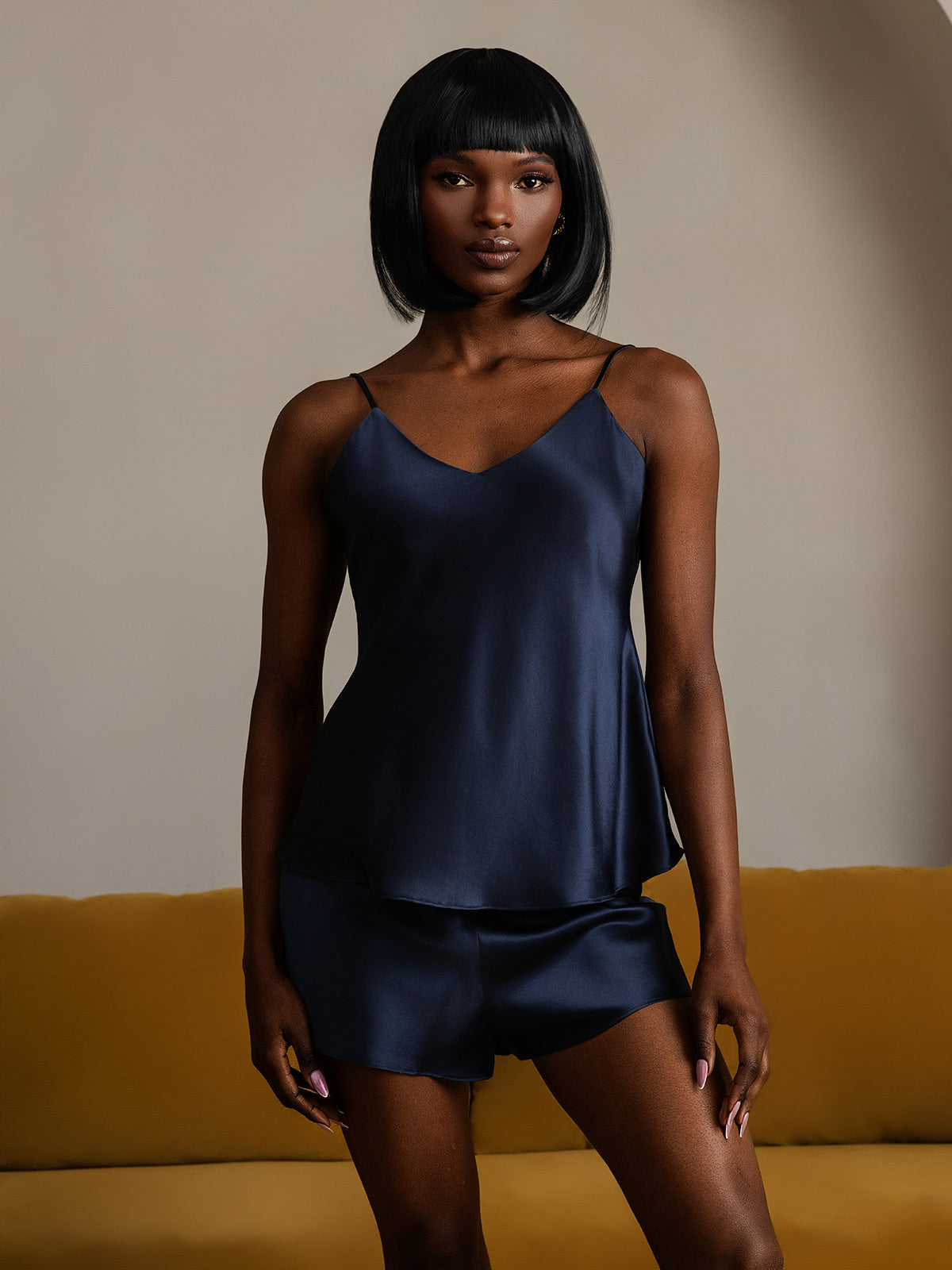 [Dark Blue] SilkSilky 22Momme Pure Silk Sleeveless V Neck Camisole Set 001