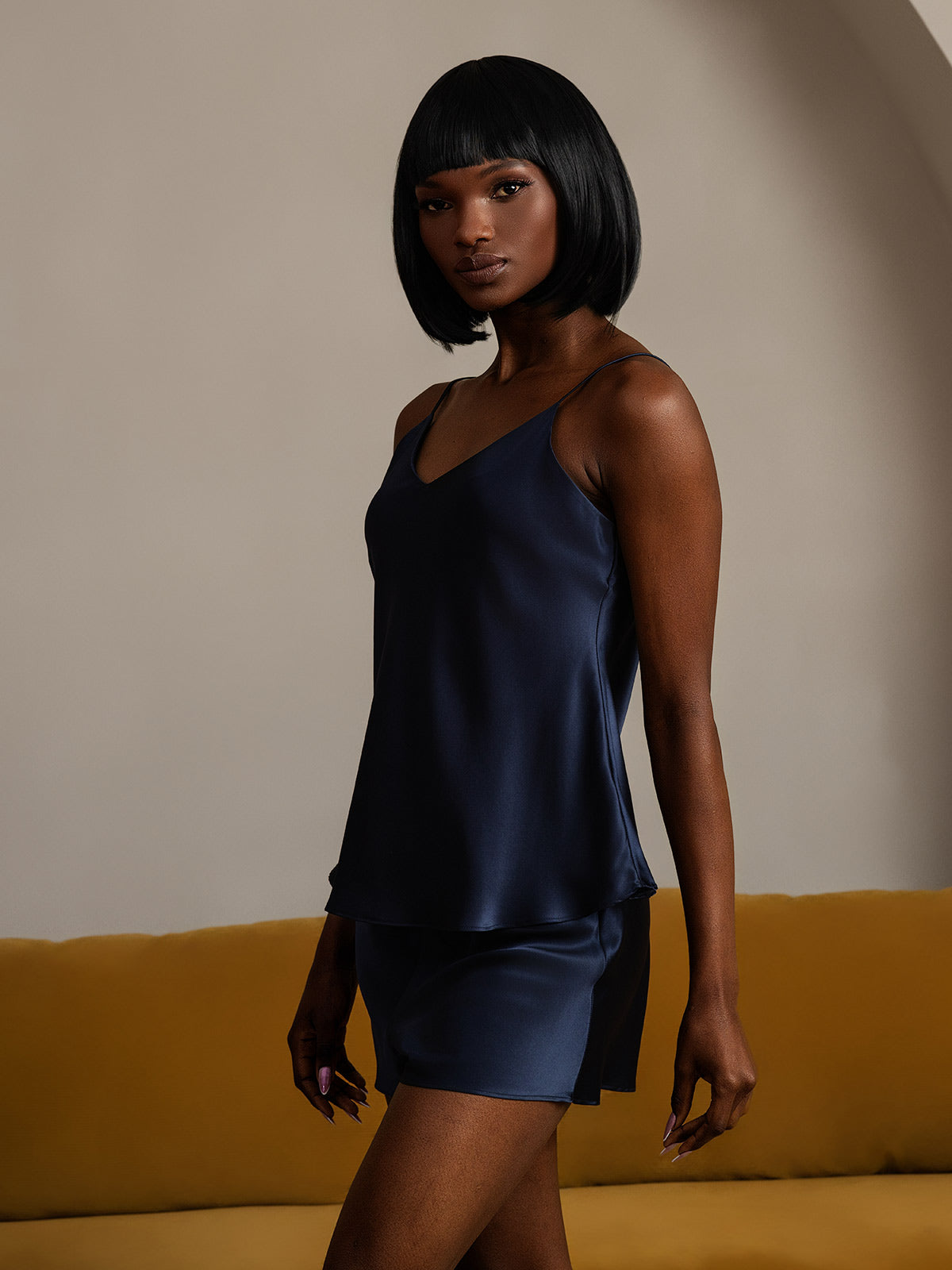 [Dark Blue] SilkSilky 22Momme Pure Silk Sleeveless V Neck Camisole Set 003