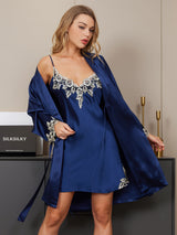 [Dark Blue] SilkSilky  3/4 Sleeve V Neck Nightgown&Robe Set 004