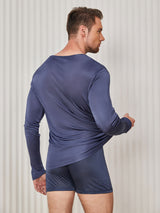 [Dark Blue] SilkSilky  Long Sleeve V Neck Men's T-Shirt 002
