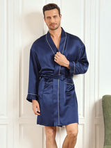 [Dark Blue] SilkSilky Pure Silk 3/4 Sleeve Mens Robe 001