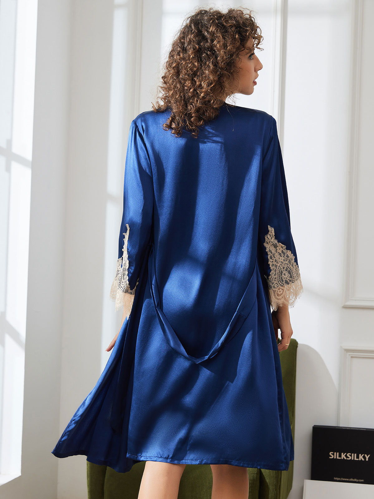 [Dark Blue] SilkSilky Pure Silk 3/4 Sleeve Nightgown&Robe Set 002