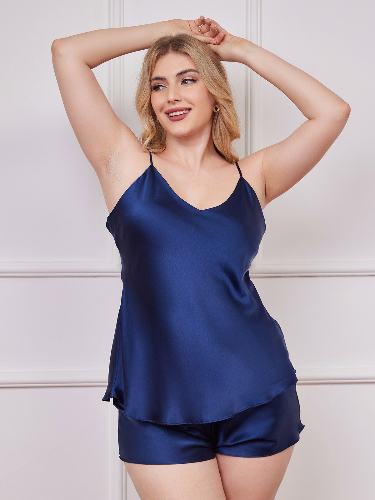 [Dark Blue] SilkSilky Pure Silk Deep V Neck Plus Size Camisole Set 001