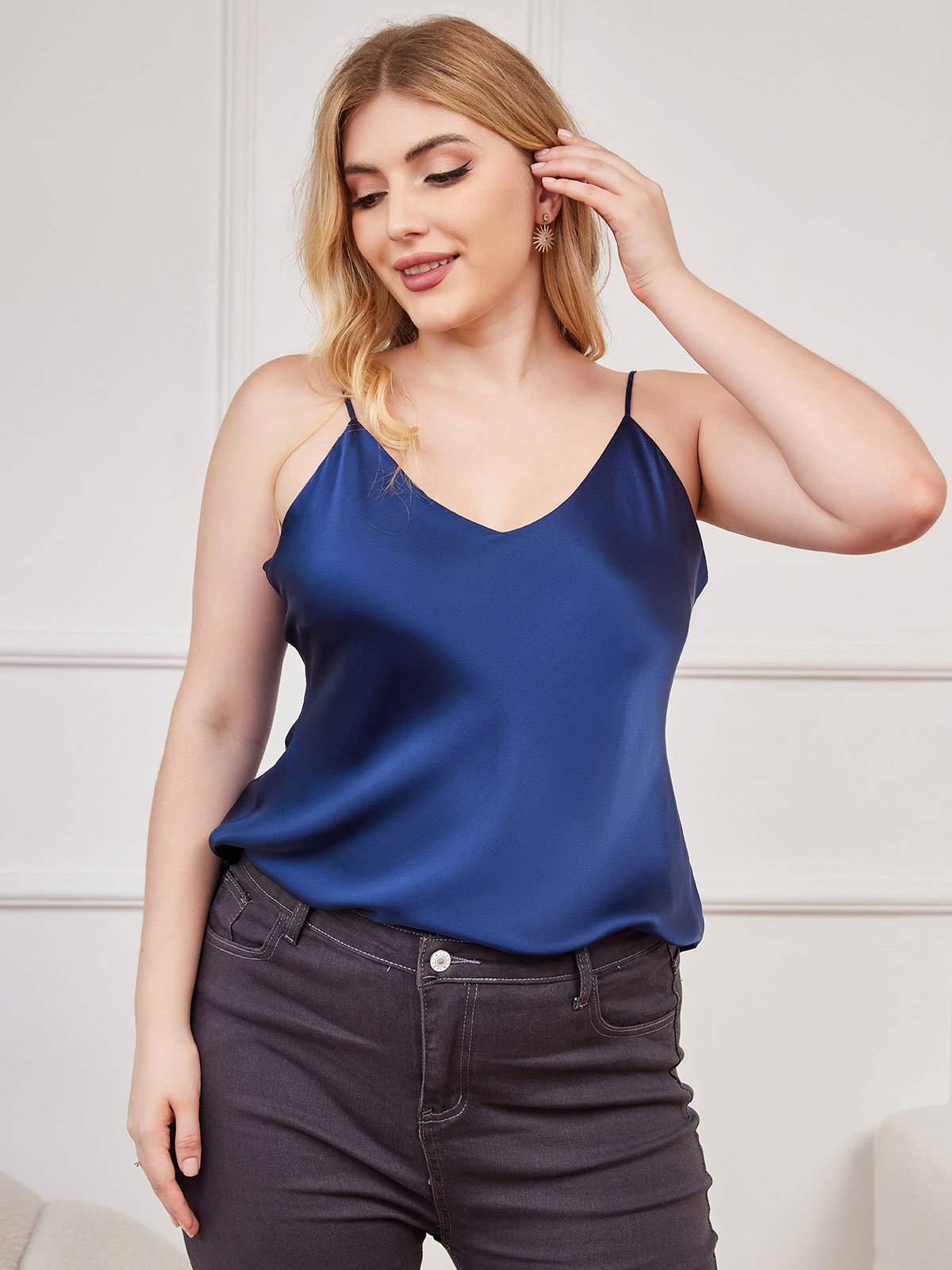 [Dark Blue] SilkSilky Pure Silk Deep V Neck Plus Size Camisole Top 001