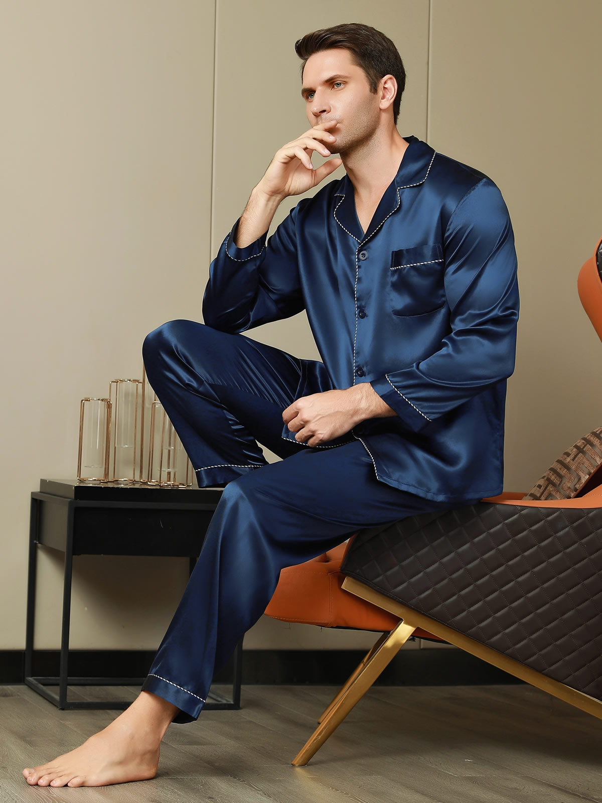 [Dark Blue] SilkSilky Pure Silk Long Sleeve Lapel Men's Pajamas 001