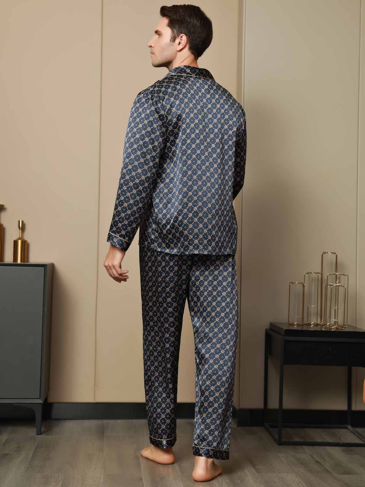 [Dark Blue] SilkSilky Pure Silk Long Sleeve Lapel Men's Pajamas 002