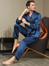 [Dark Blue] SilkSilky Pure Silk Long Sleeve Lapel Men's Pajamas 002