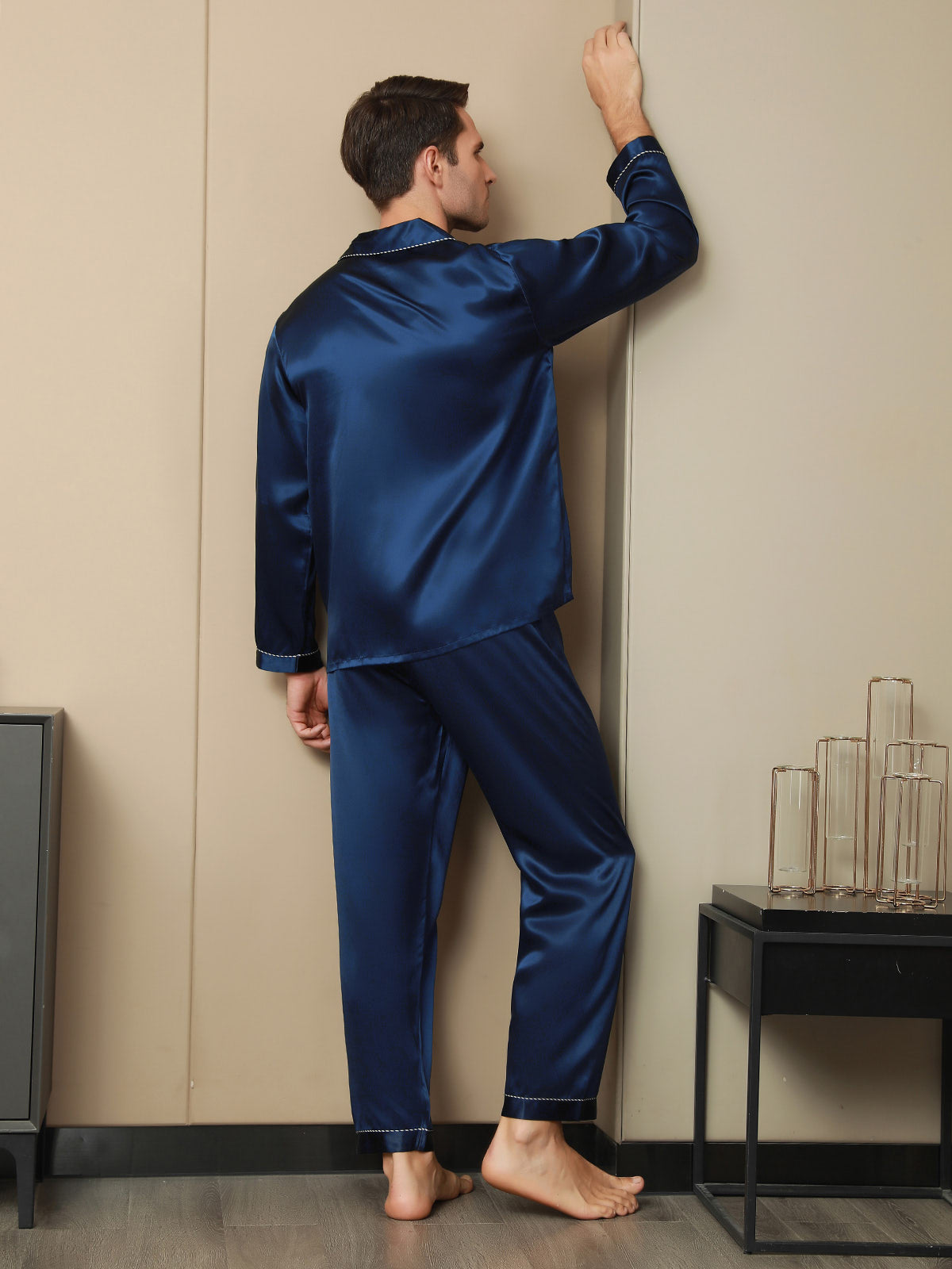 [Dark Blue] SilkSilky Pure Silk Long Sleeve Lapel Men's Pajamas 002