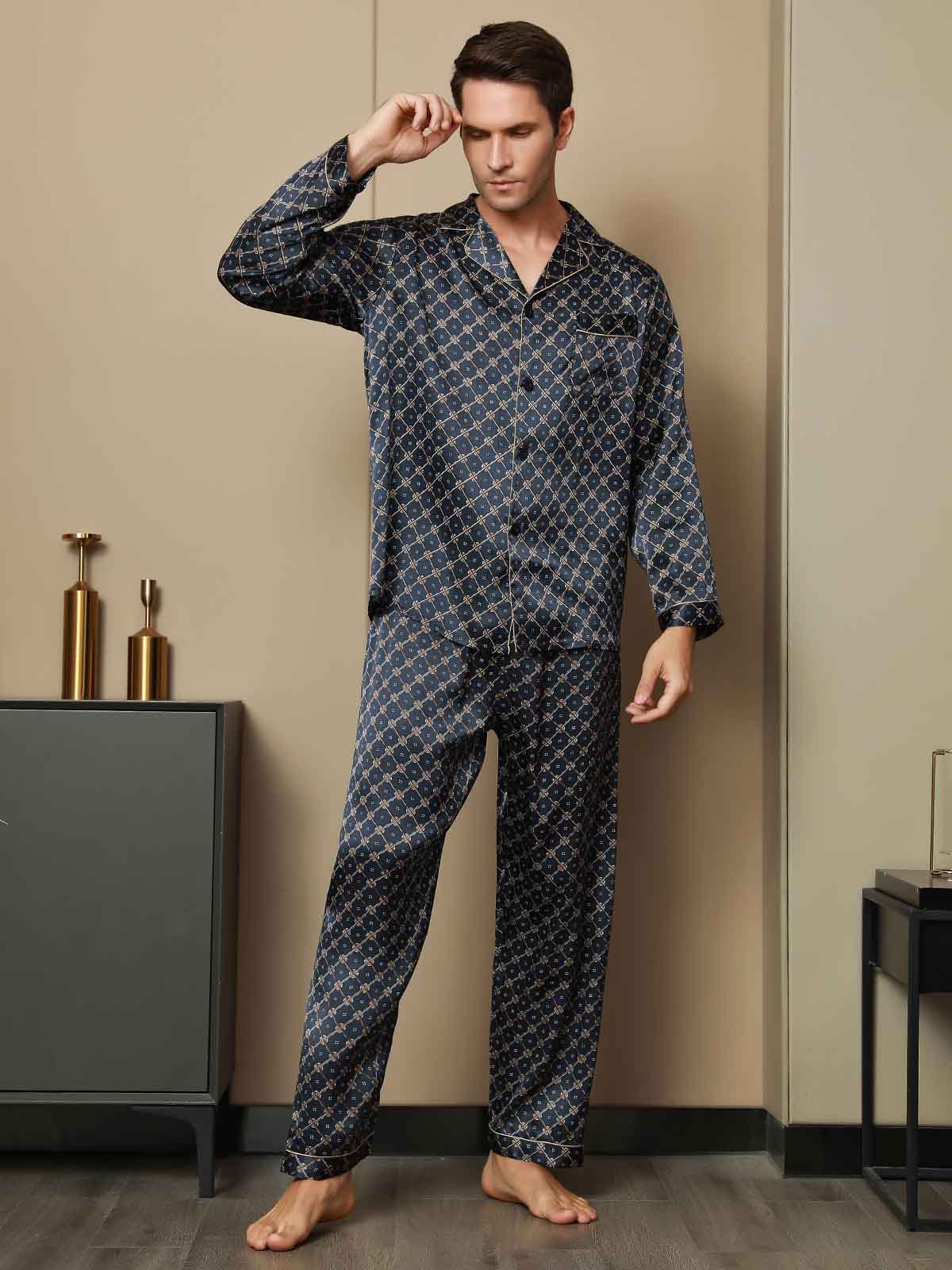[Dark Blue] SilkSilky Pure Silk Long Sleeve Lapel Men's Pajamas 004