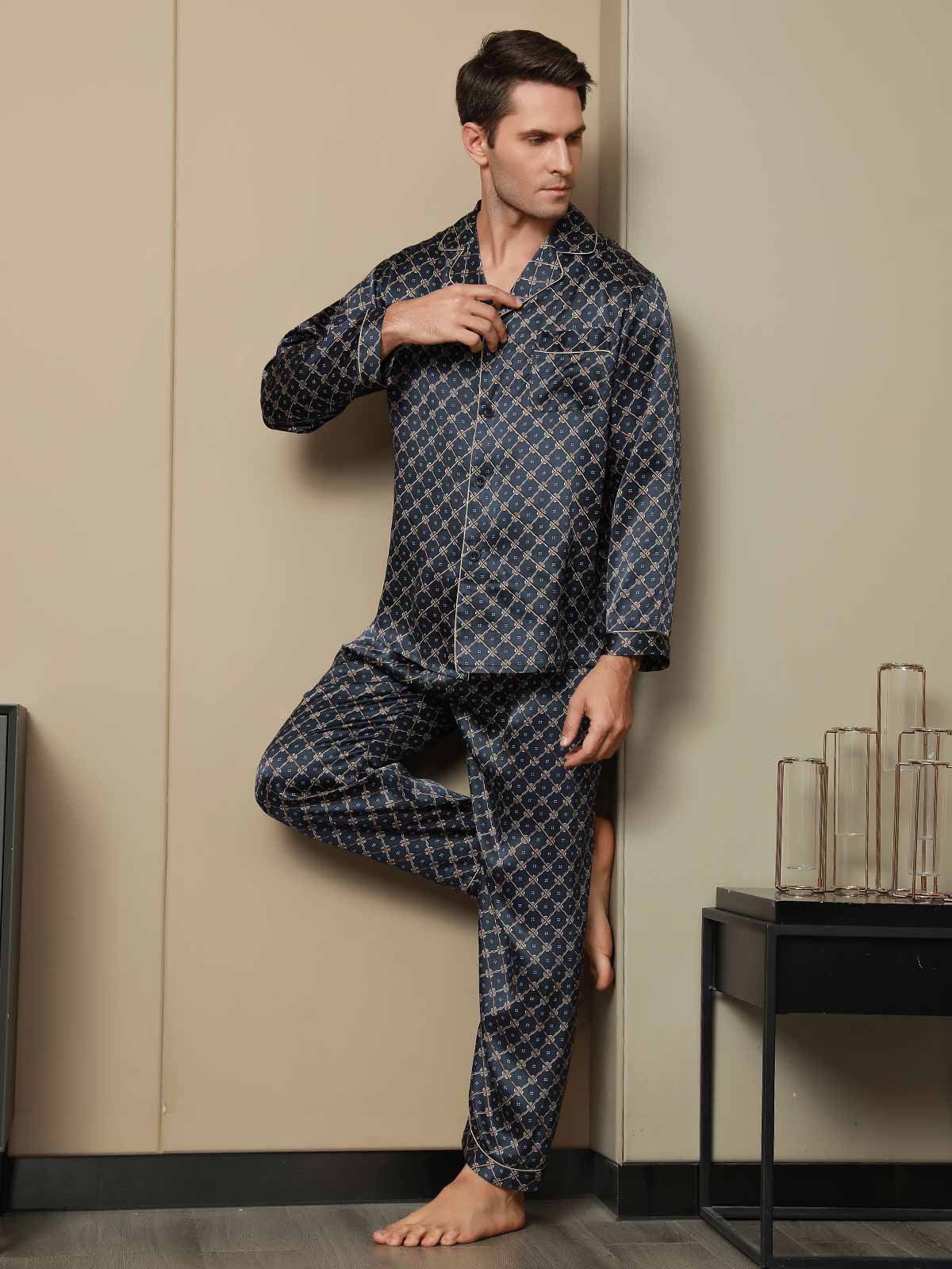 [Dark Blue] SilkSilky Pure Silk Long Sleeve Lapel Men's Pajamas 005