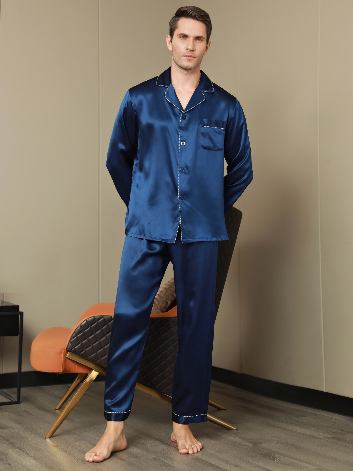 [Dark Blue] SilkSilky Pure Silk Long Sleeve Lapel Men's Pajamas 005