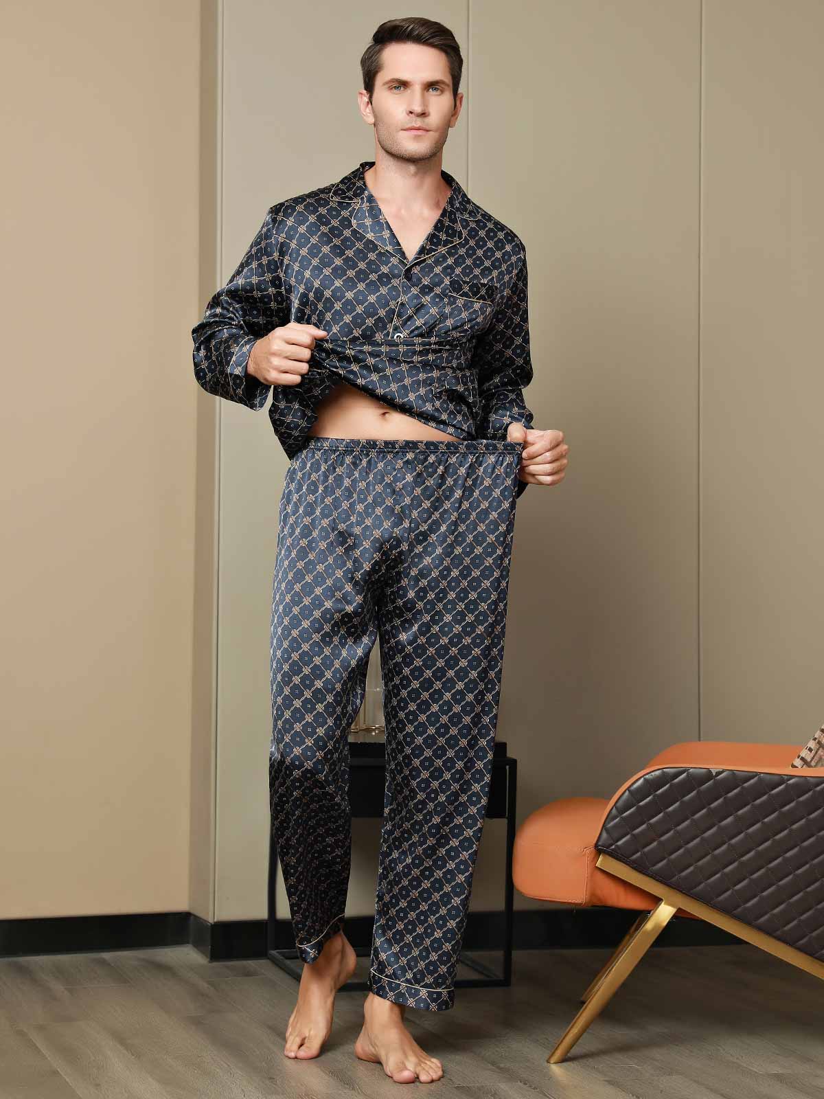 [Dark Blue] SilkSilky Pure Silk Long Sleeve Lapel Men's Pajamas 008