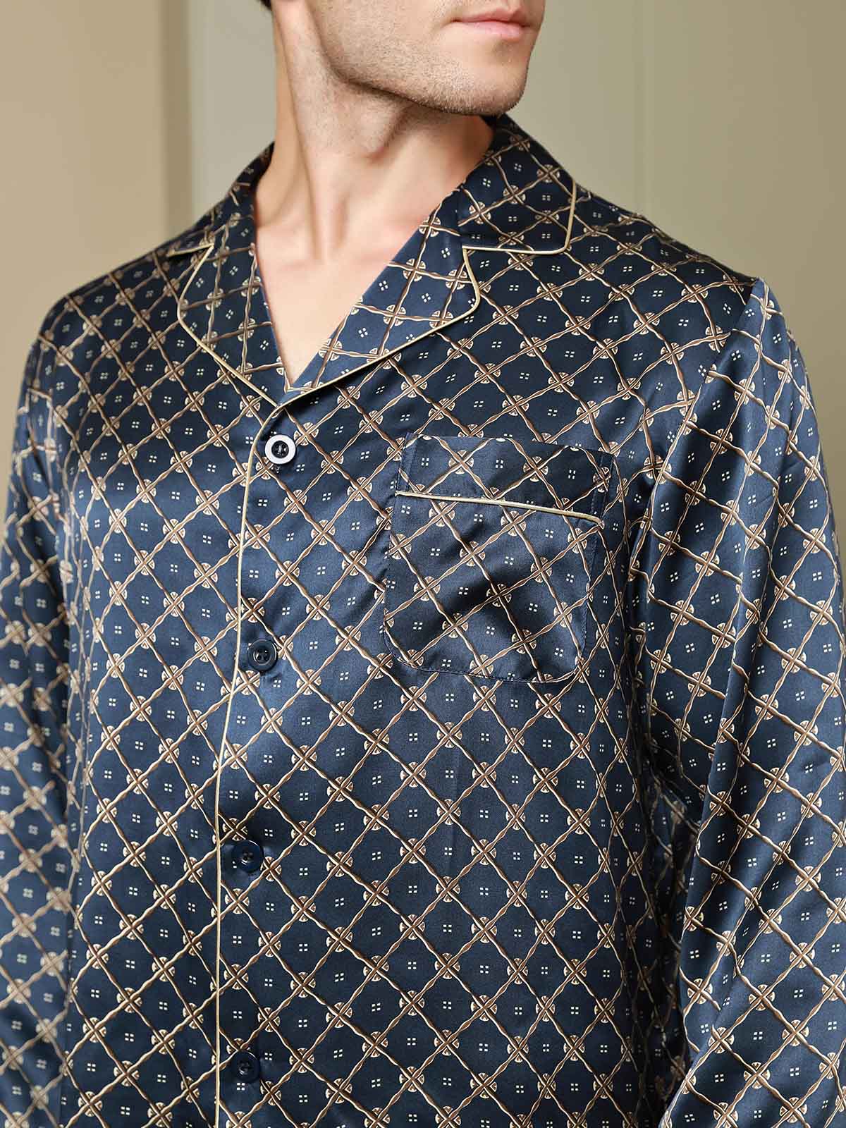 [Dark Blue] SilkSilky Pure Silk Long Sleeve Lapel Men's Pajamas 009