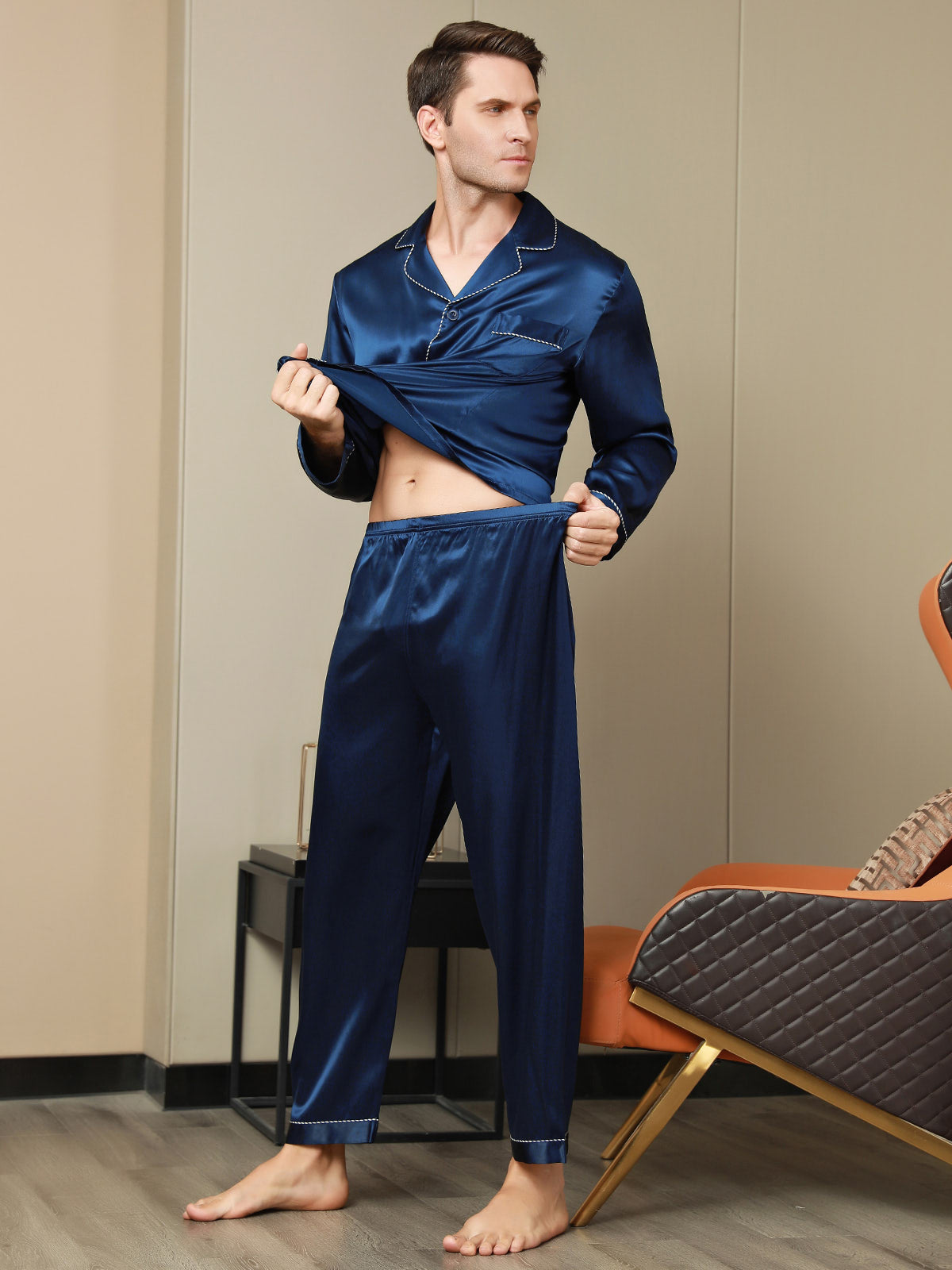 [Dark Blue] SilkSilky Pure Silk Long Sleeve Lapel Men's Pajamas 009