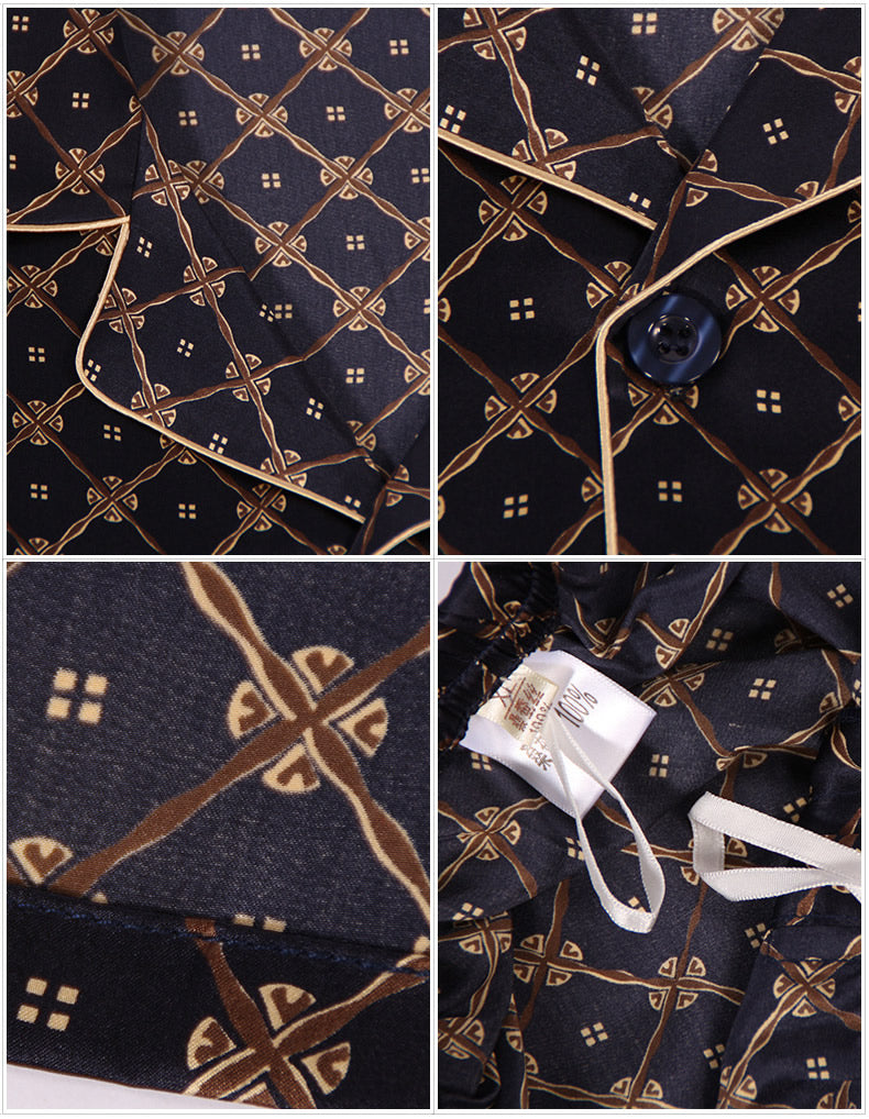 [Dark Blue] SilkSilky Pure Silk Long Sleeve Lapel Men's Pajamas 010