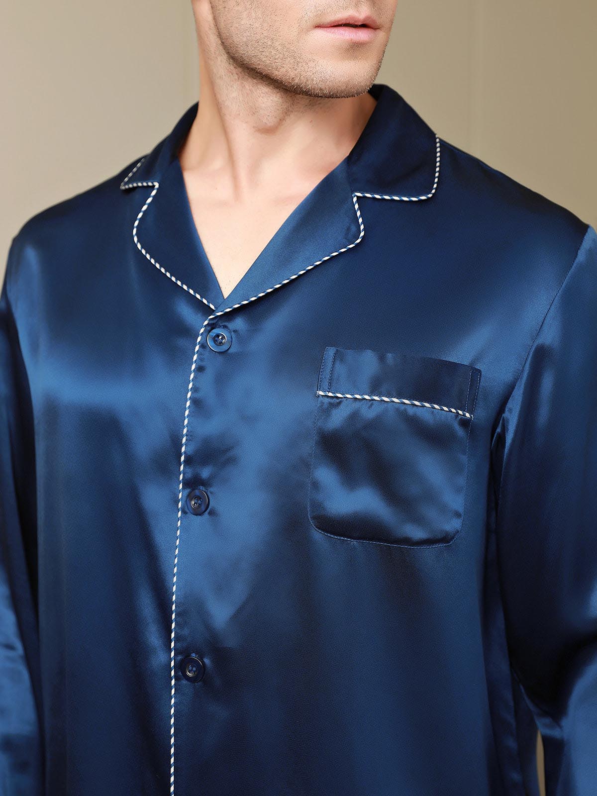 [Dark Blue] SilkSilky Pure Silk Long Sleeve Lapel Men's Pajamas 010