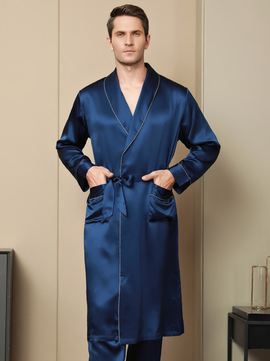 100% Mulberry Silk Contrast Piping Shawl Collar Robe