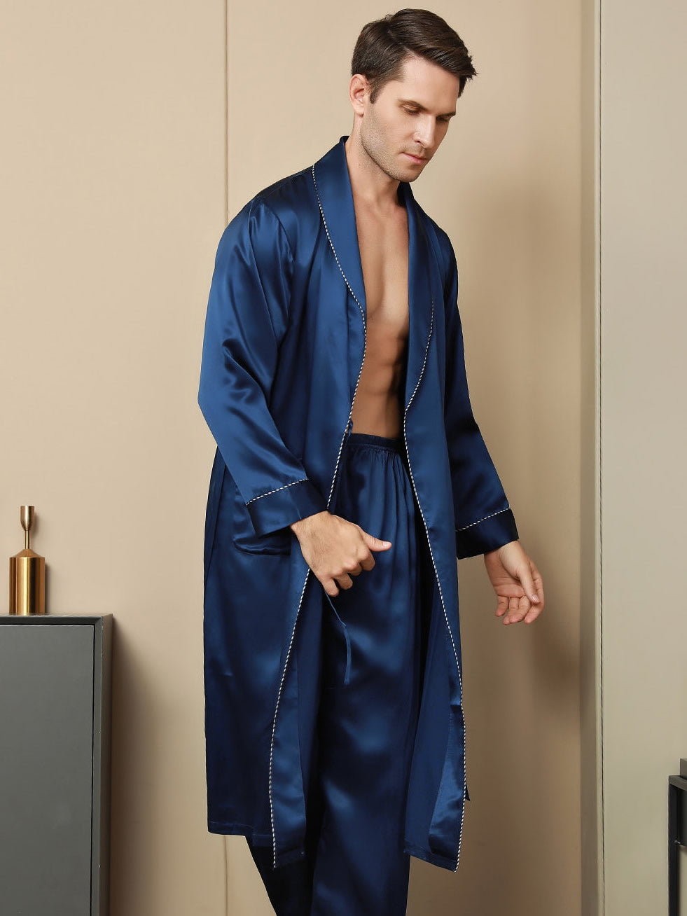 [Dark Blue] SilkSilky Pure Silk Long Sleeve Lapel Men's Robe 003