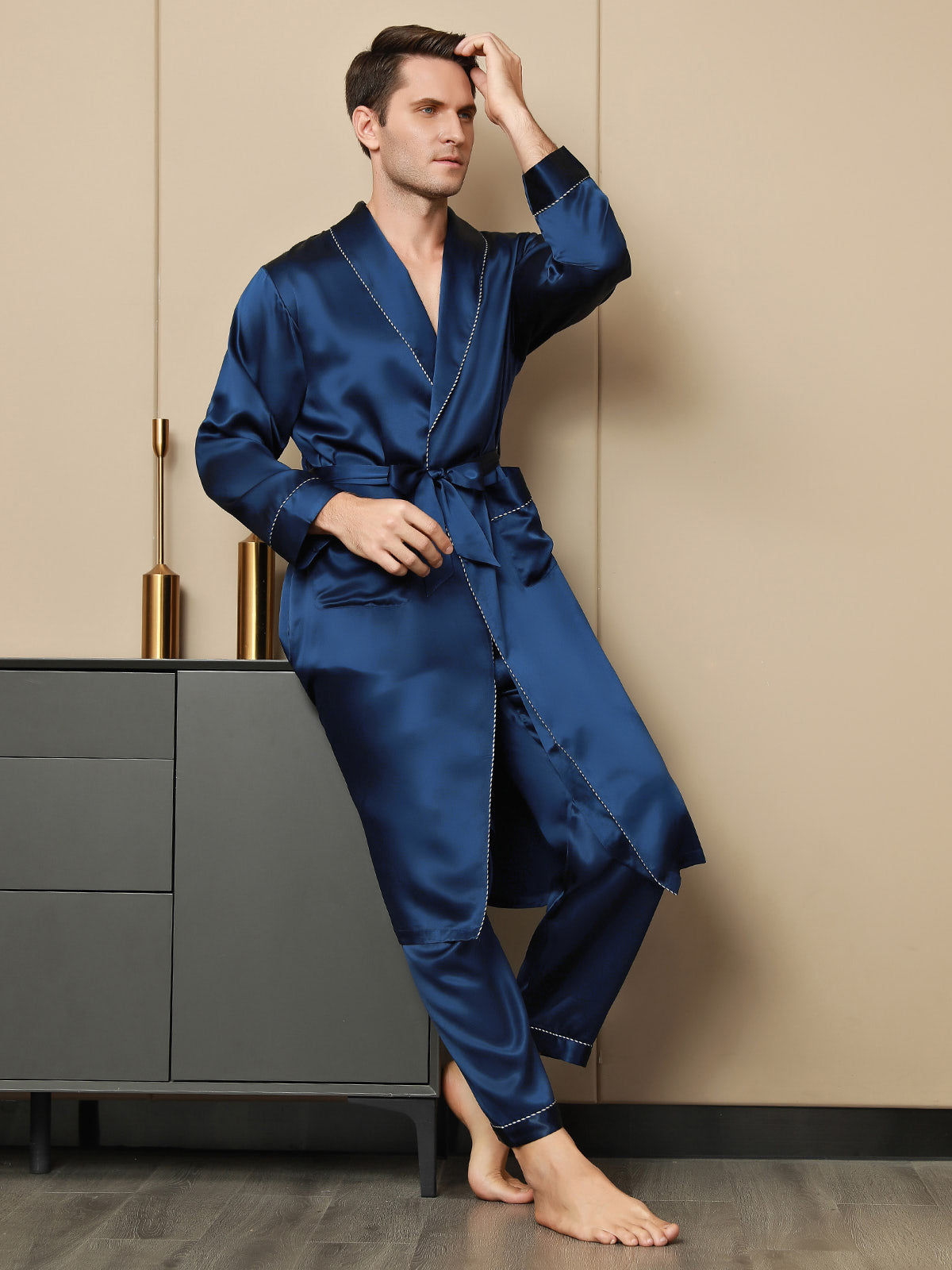 [Dark Blue] SilkSilky Pure Silk Long Sleeve Lapel Men's Robe 005