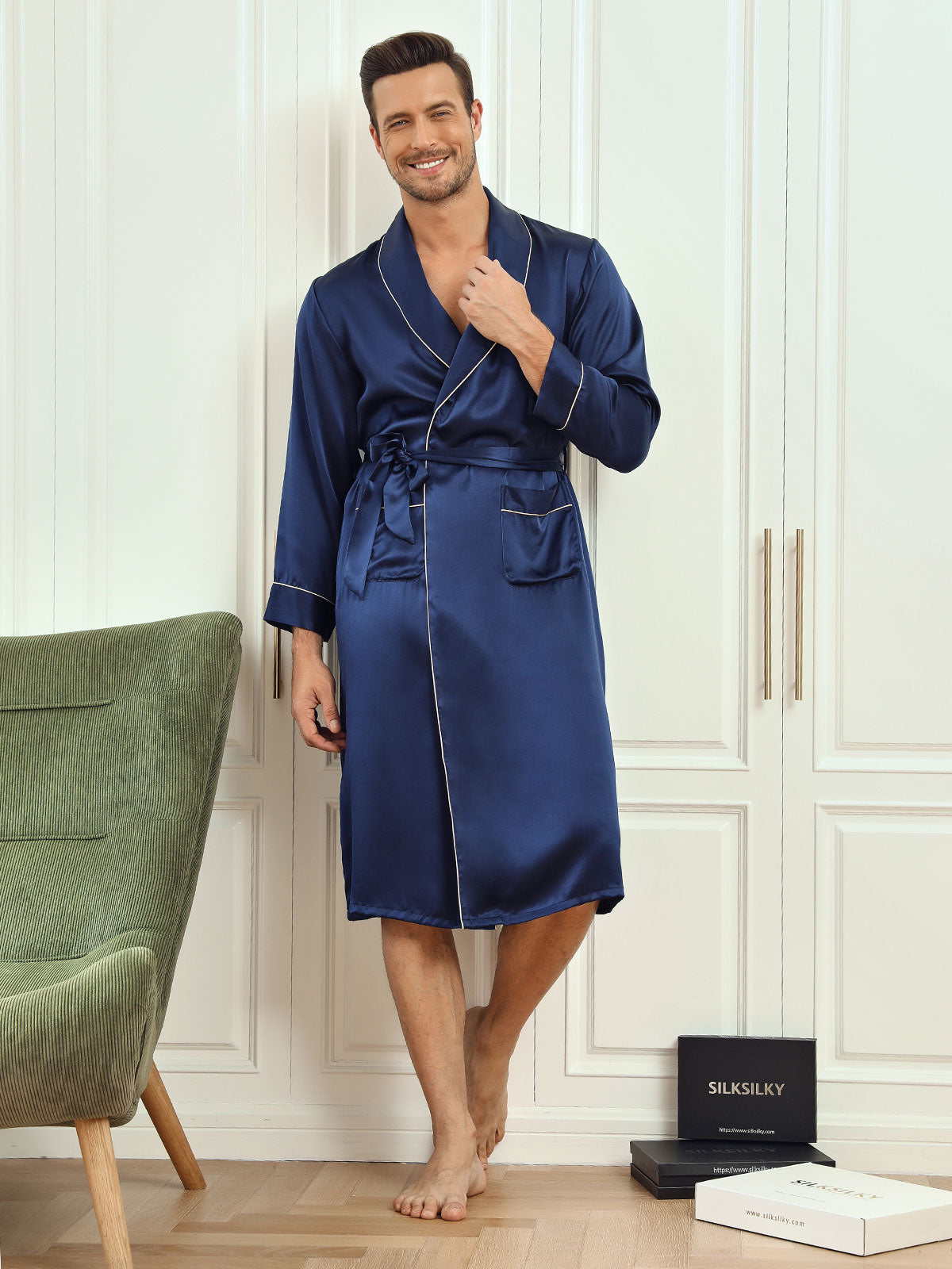 [Dark Blue] SilkSilky Pure Silk Long Sleeve Lapel Men's Robe 005