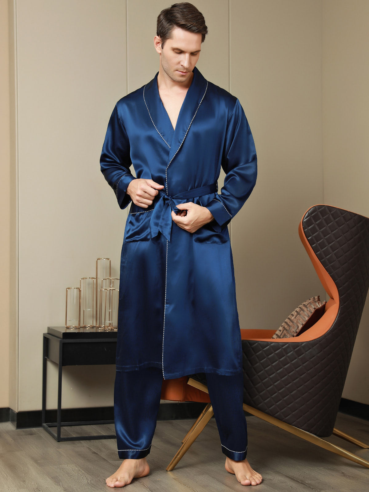 [Dark Blue] SilkSilky Pure Silk Long Sleeve Lapel Men's Robe 006