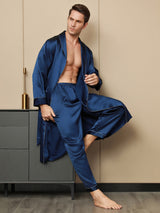[Dark Blue] SilkSilky Pure Silk Long Sleeve Lapel Men's Robe 008
