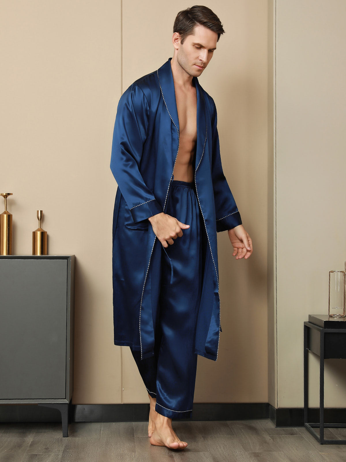 SilkSilky Pure Silk Contrast Piping Belted Robe (Without Pants), Dark Blue / M