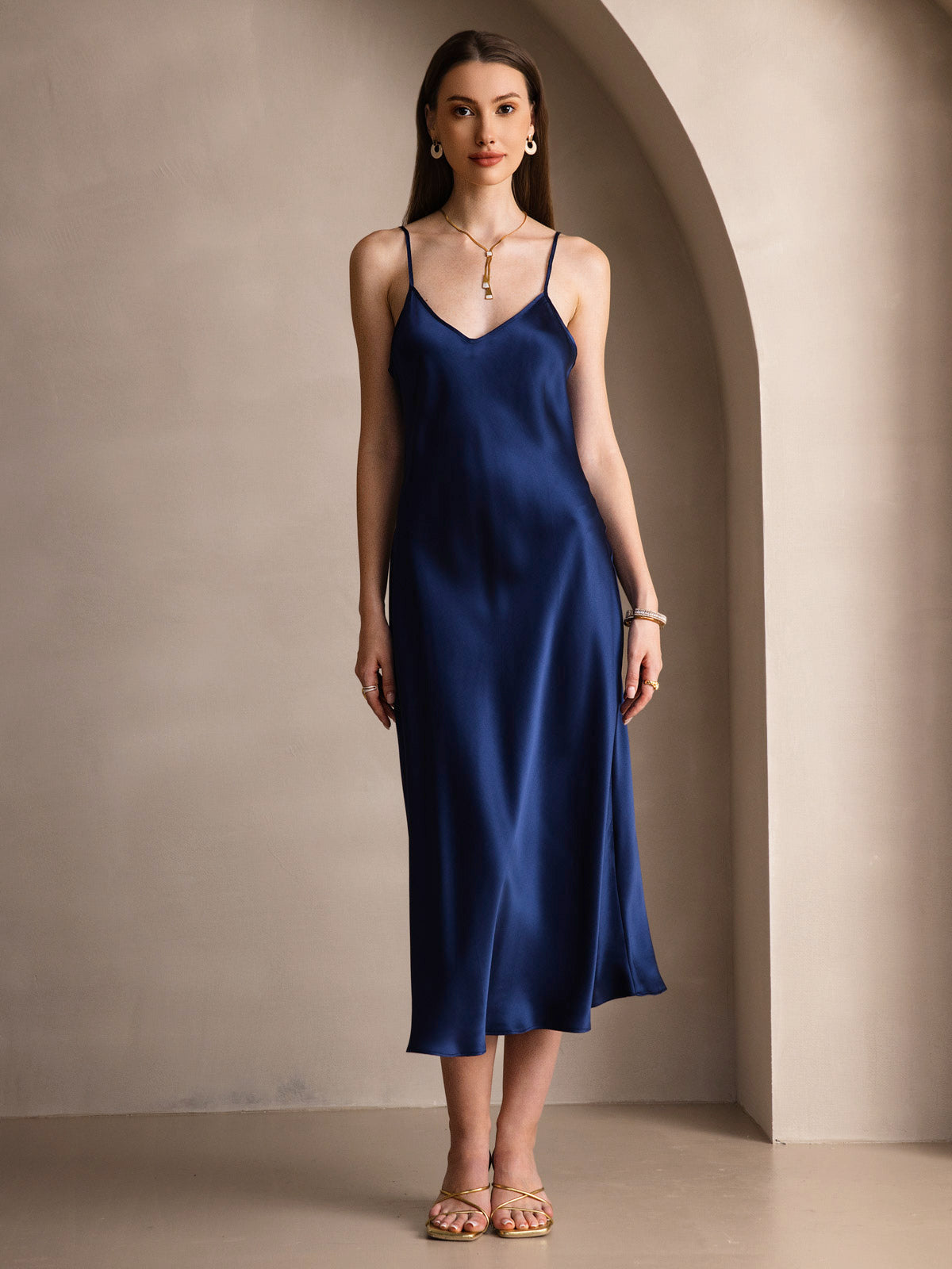 [Dark Blue] SilkSilky  Pure Silk Round Neck Dress 007
