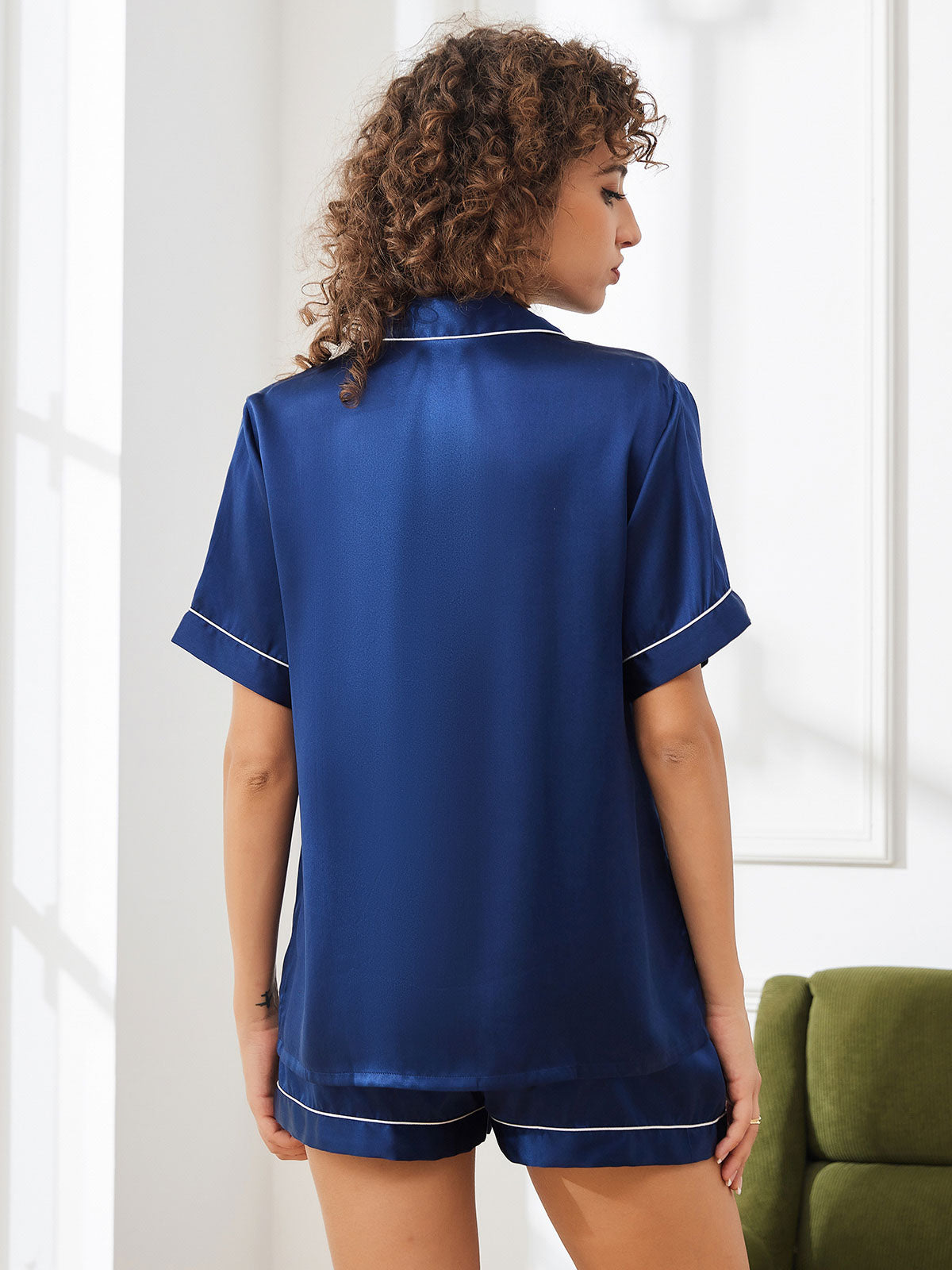 [Dark Blue] SilkSilky Pure Silk Short Sleeve Lapel Women's Pajamas 002