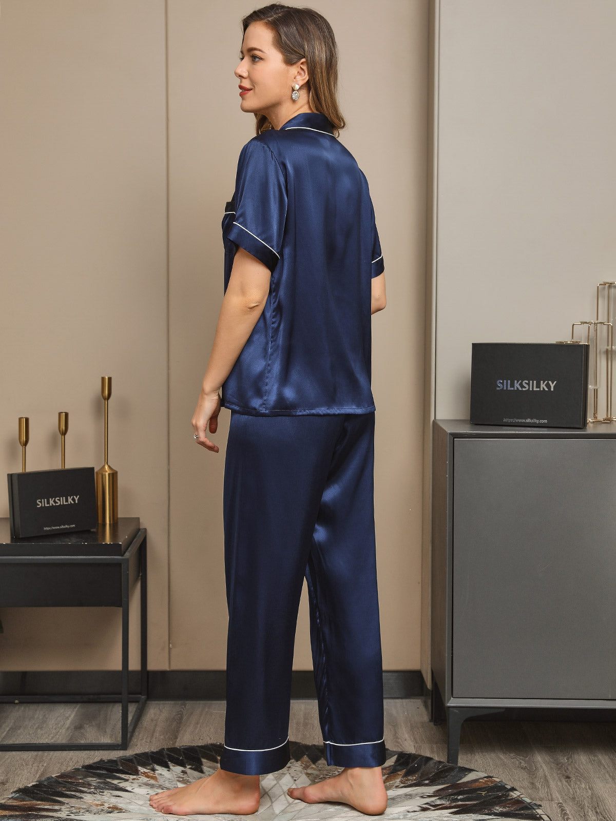[Dark Blue] SilkSilky Pure Silk Short Sleeve Lapel Women's Pajamas 002