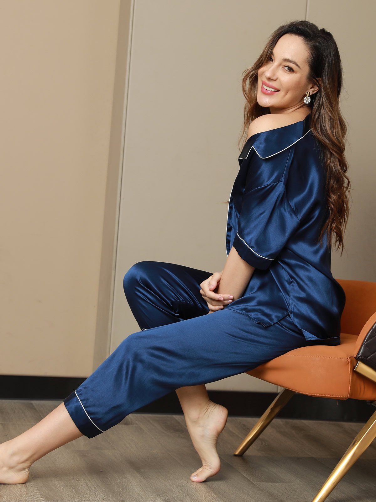 [Dark Blue] SilkSilky Pure Silk Short Sleeve Lapel Women's Pajamas 003