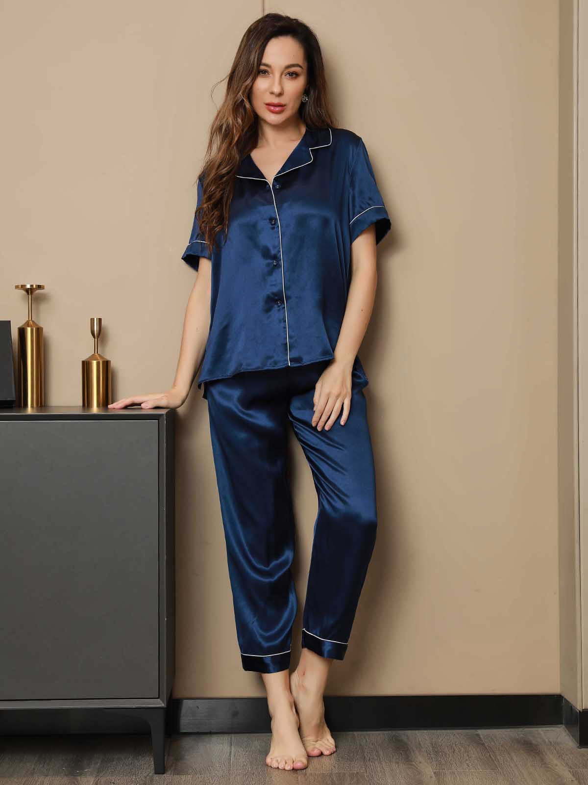 [Dark Blue] SilkSilky Pure Silk Short Sleeve Lapel Women's Pajamas 003