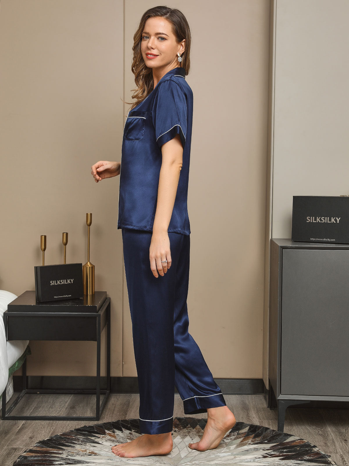 [Dark Blue] SilkSilky Pure Silk Short Sleeve Lapel Women's Pajamas 005