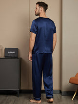 [Dark Blue] SilkSilky Pure Silk Short Sleeve Round Neck Men's Pajamas 002