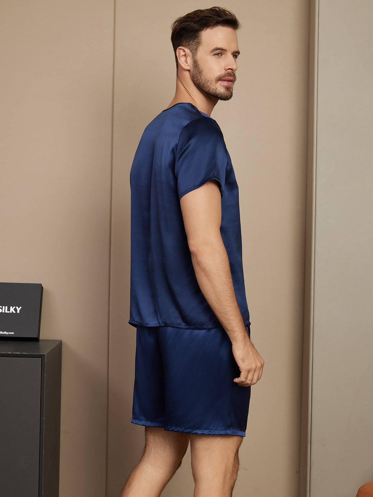 [Dark Blue] SilkSilky Pure Silk Short Sleeve Round Neck Men's Pajamas 002