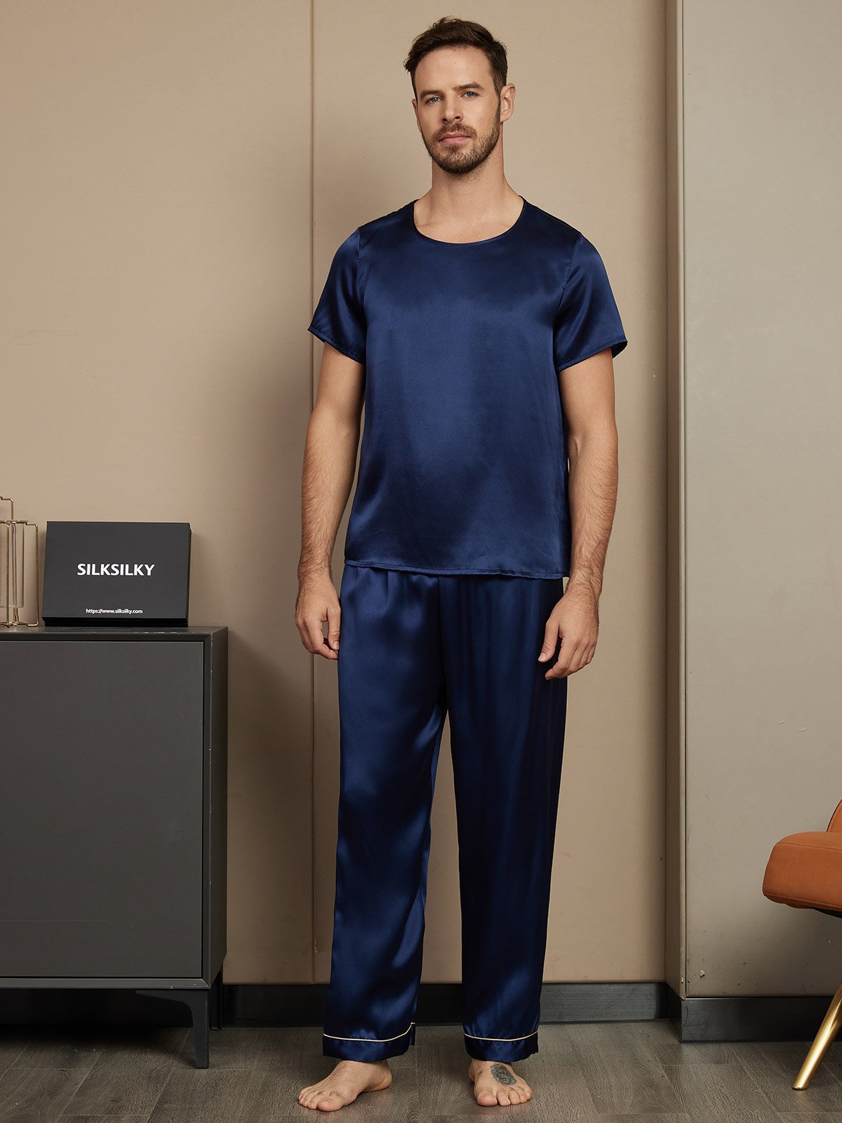 [Dark Blue] SilkSilky Pure Silk Short Sleeve Round Neck Men's Pajamas 003