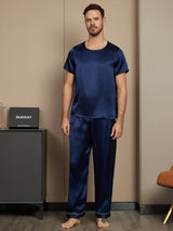 [Dark Blue] SilkSilky Pure Silk Short Sleeve Round Neck Men's Pajamas 003