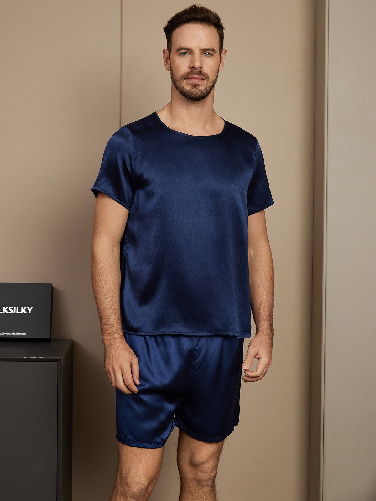 [Dark Blue] SilkSilky Pure Silk Short Sleeve Round Neck Men's Pajamas 003