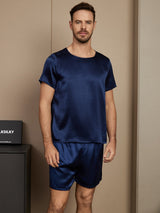 [Dark Blue] SilkSilky Pure Silk Short Sleeve Round Neck Men's Pajamas 003