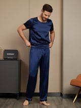 [Dark Blue] SilkSilky Pure Silk Short Sleeve Round Neck Men's Pajamas 004